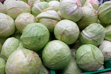 Fototapeta na wymiar heap of white cabbage swings in the market