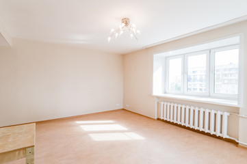 Russia, Moscow- July 06, 2019: interior room apartment. standard repair decoration in hostel. bright empty room without furniture