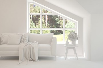 Mock up of stylish room in white color with sofa and green landscape in window. Scandinavian interior design. 3D illustration