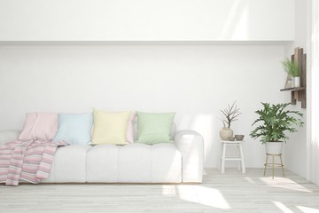 Stylish room in white color with sofa. Scandinavian interior design. 3D illustration