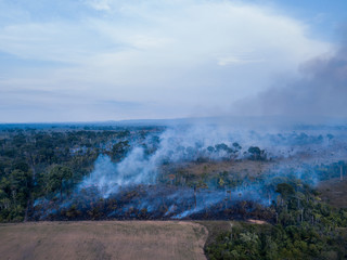 Burning of the Amazon rainforest at dusk to increase livestock grazing area and agriculture activities Area already deforested in the foreground. Deforestation, environment and climate change concept.