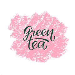 green tea – calligraphy, lettering. Hand drawn tea collection, isolated on background. Vector illustration of tea with icons for tea shop, tea house, cafe and packing