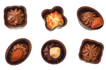Chocolate pralines isolated on a white background. top view