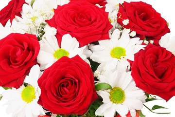 Bouquet of red and white spring flowers on a white background