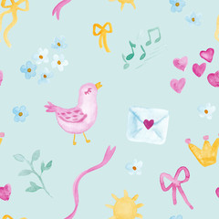 Pink birds with music notes and letters watercolor painting - hand drawn seamless pattern on blue