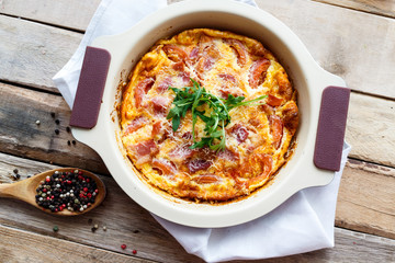 baked omelet with sausage. Top view.