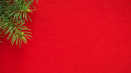 Christmas composition, flat lay. Red background, spruce branch, copy space for text. Christmas, winter, new year, postcard or greetings. Top view.