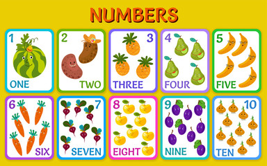 Cartoon vegetables and fruits. Children cards numbers for kids. Learning to count. Isolated vector illustration.