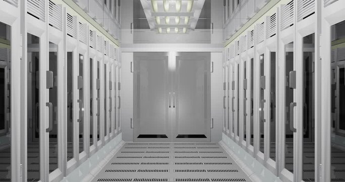 Network and data servers behind glass panels in a server room of a data center or ISP. 3D Animation
