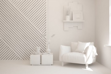 Mock up of stylish room in white color with armchair. Scandinavian interior design. 3D illustration