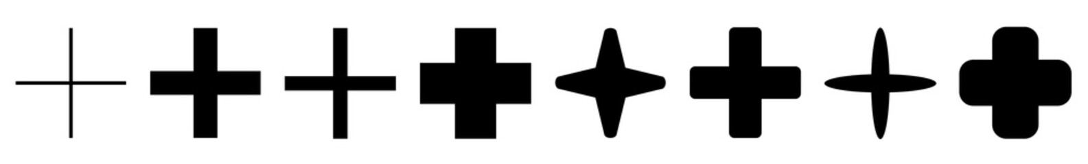 Plus Icon Black | Pluses | Cross Symbol | Addition Logo | Positive Sign | Isolated | Variations - obrazy, fototapety, plakaty