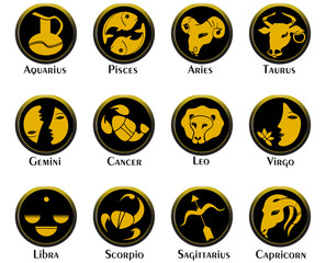 Set of twelve signs of the zodiac on the background of gold circles. Prediction of the future. Illustration. Isolated on white background