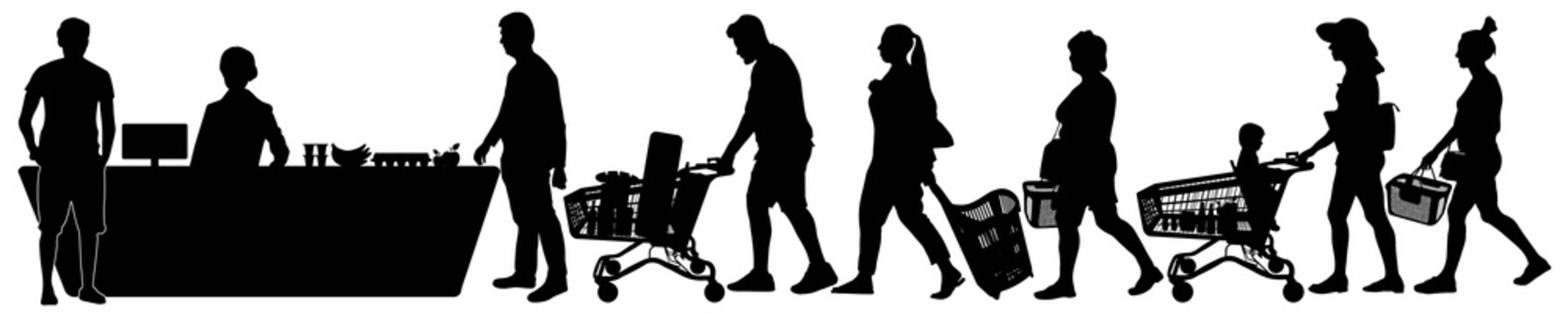 Cashier at cash desk supermarket. Crowd of shoppers black friday. line in store at checkout. Vector silhouette isolated
