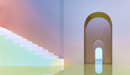 Architecture Exterior - Hot sunny day. Palm leaves, steps, exhibition podium. Platform for promoting products. Arch entrance in Oriental yard. Advertising poster. 3d render illustration - copy space