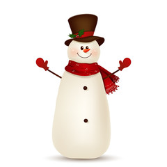 Christmas Cute, Cheerful, funny snowman waving hands and greeting isolated on white background. Snowman for winter and new year holidays. Happy Snowman vector cartoon character.