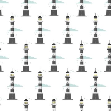 lighthouse seamless pattern on a white background. Vector flat design illustration.