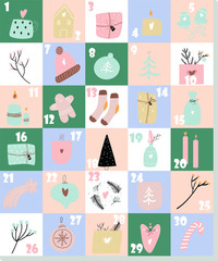 Christmas advent calendar with Winter Holiday Elements. sock, wreath, tree, greetings, gifts, candies. Merry Christmas  Scandinavian style, hygge Christmas funny poster. Vector hand drawn illustration