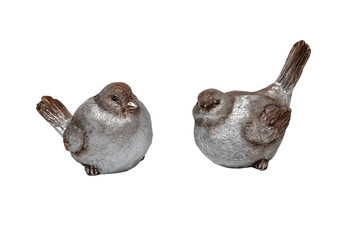 Two thick ceramic sparrows of silver color on a white isolated background. Christmas decoration