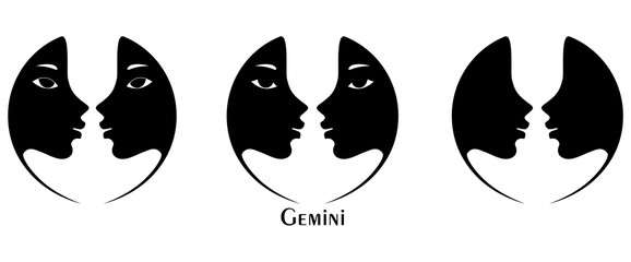 Set Profile of two girl, Sign of Gemini. Logo. Silhouette image.