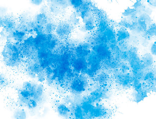 Blue watercolor spatter splashes on white background.
