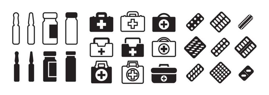 Set of Medical Icons with Pills, Ampoules and Medical Bags