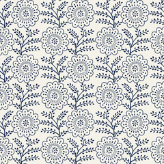 Seamless woodblock printed indigo dye floral pattern. Traditional ethnic dotted ornament of Russia, navy blue on ecru background. Textile design.