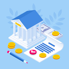 Isometric concept of banking loan, money loans. Loan document and agreement with pen for signing. - obrazy, fototapety, plakaty