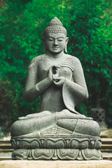 A buddha statue is meditating in a quiet surrounding