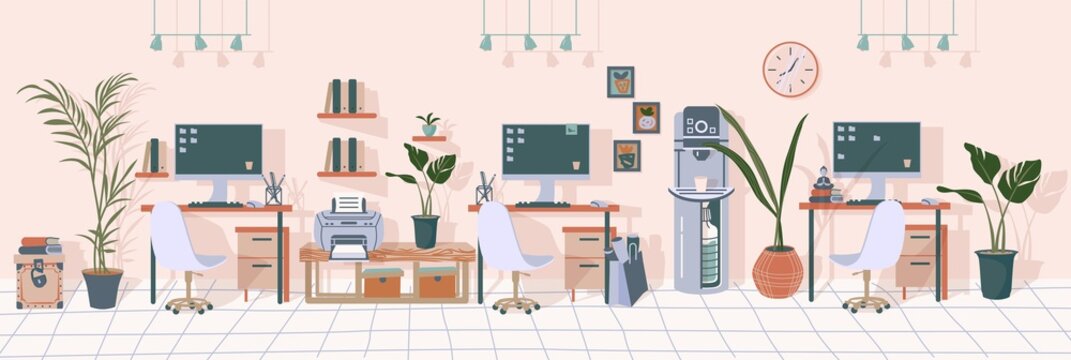 Office Interior. Modern Furniture, Including Printer, Water Cooler, Computer, Lamp. Workplace In The Office Of The Corporation. Vector Illustration In Flat Style.