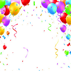 Colored Party Balloons and Confetti on White Background . Isolated Vector Elements