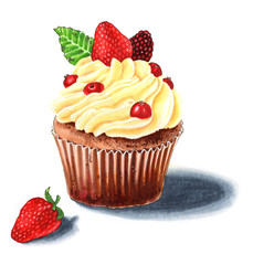 A marker illustration of a delicious biscuit cake with jam, chocolate syrup and a berry. Great for postcards, souvenirs, invitations, and any design, embroidery