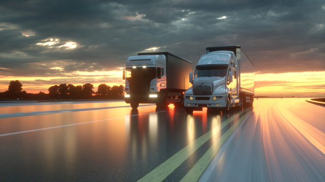 Two trucks on the road, highway. Transports, logistics concept. 3d rendering