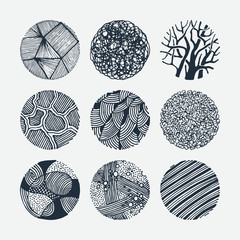 Set of grunge halftone drawing textures. Random doodle circles