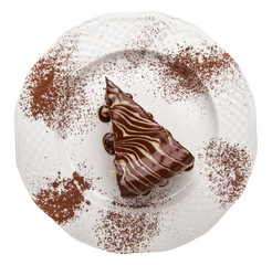 Delicious delicate dessert, chocolate brownie cake, cappuccino Gourmet restaurant menu. Isolated on white background. Flat lay top view
