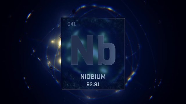 Niobium as Element 41 of the Periodic Table. Seamlessly looping 3D animation on blue illuminated atom design background with orbiting electrons. Design shows name, atomic weight and element number