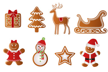 christmas gift, tree, reindeer, sled, girl, snowman, star and  santa claus gingerbread  vector
