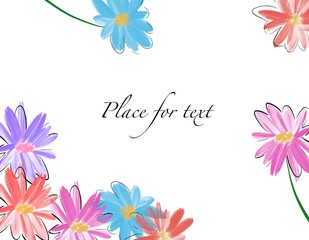 Greeting card on a white background with colorful flowers. Place for your text. Banner template