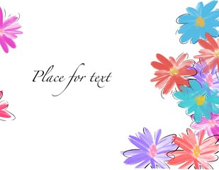 Greeting card on a white background with colorful flowers. Place for your text. Banner template