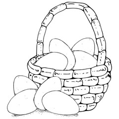 Vector illustration of a wicker basket with eggs. Hand drawn basket with eggs.