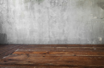 Image of gray concrete wall background and old wooden floor