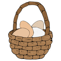 Vector illustration of a wicker basket with eggs. Hand drawn basket with eggs.