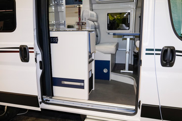 Interior of luxury campervan coach with luxury equipment