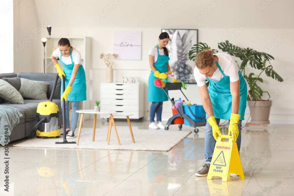 Sticker team of janitors cleaning flat