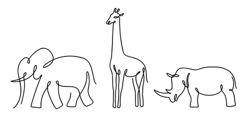 Thin line elephant, rhino and giraffe.