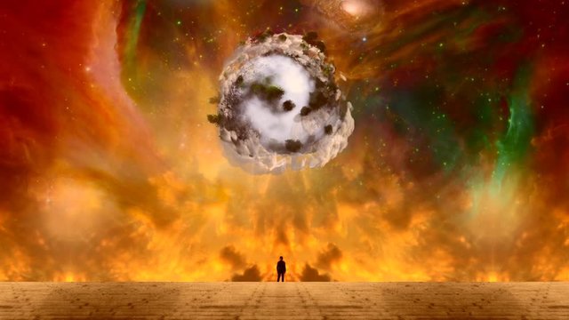 New Life from Space. Man in black suit before vivid nebula. Asteroid with green trees in the sky