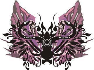 Ethnic butterfly wings with snakes elements. Abstract unusual dangerous butterfly with purple wings and decorative patterns