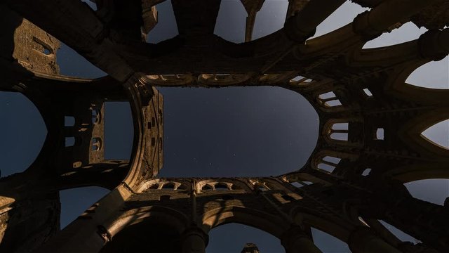 4K Timelapse Sequence of Abbaye de Hambye, France - Night timelapse of the moonrise over the Abbey