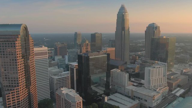 Aerial: downtown Charlotte at sunset.  North Carolina, USA. 