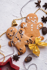 jolly Christmas set with cookies around white background. flat lay. close up