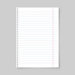 Realistic blank lined paper sheet with shadow in A4 format isolated on gray background. Notebook or book page. Design template or mockup. Vector illustration.